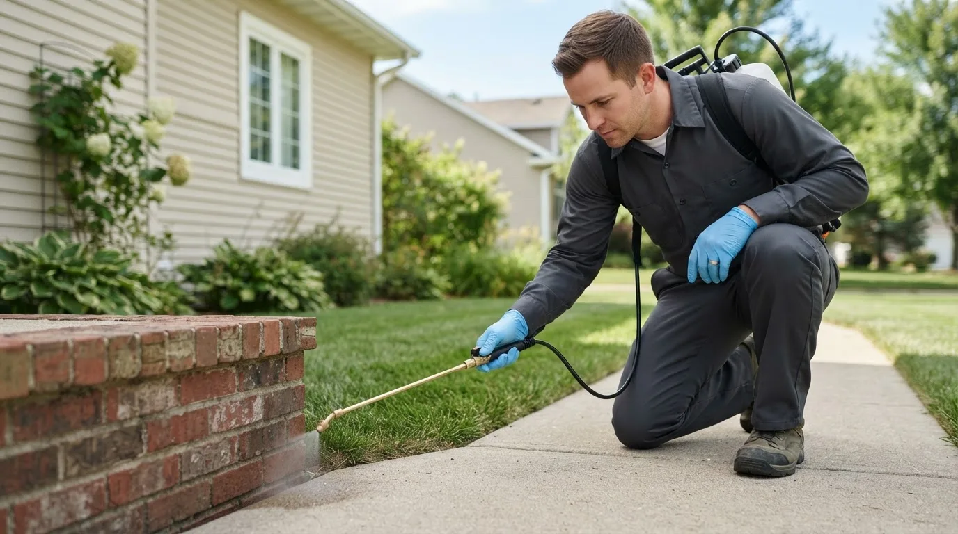 Pest control technician treating a home near North Kingstown, RI