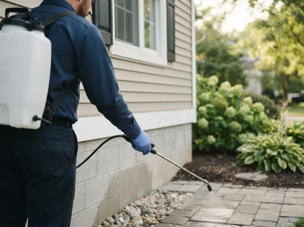 Pest control technician inspecting a home in North Kingstown, RI